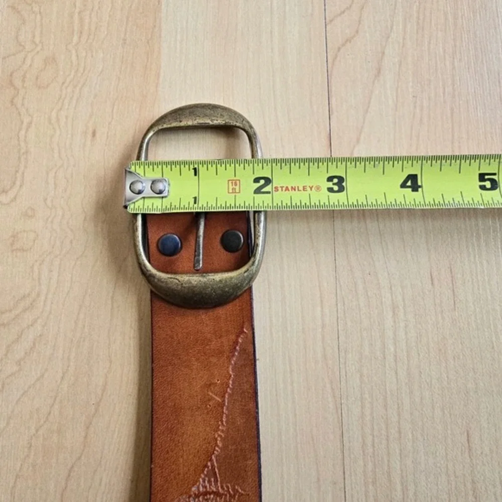 Vintage Tooled Leather Nature‎ Scene Belt Tan Tree Sun Embossed Brass Buckle
